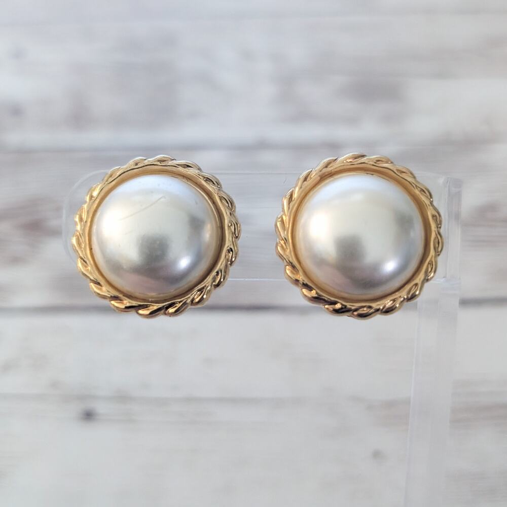 Vintage Clip On Earrings 7/8" Faux Pearl with Stylish Gold Tone Halo